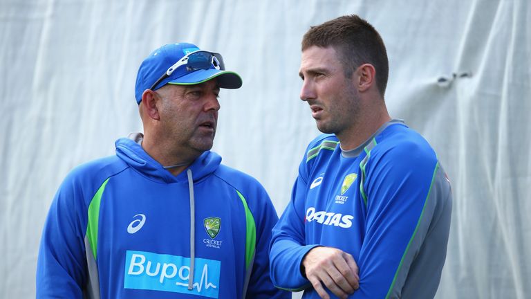 Australian coach Darren Lehmann speaks with Shaun Marsh of Australia  during a nets session