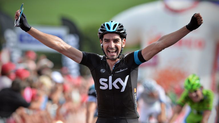 Spain's David Garcia Lopez of Team Sky celebrates as he crosses the finish line to win the sixth stage of the Eneco Tour cycling race, from Riemst to La Re