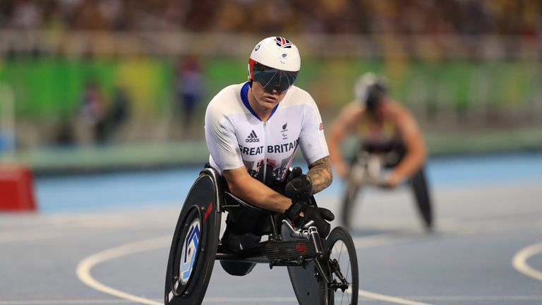 Great Britain's David Weir in action in the Men's 400m - T54 Round 1 Heat 3 at the Olympic Stadium during the fourth day of the 2016 Rio Paralympic Games i