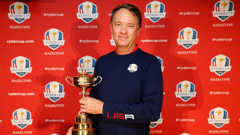 NEW YORK, NY - AUGUST 29: Davis Love III, United States Ryder Cup Captain holds the Ryder Cup during a press conference for Ryder Cup announcements  at New