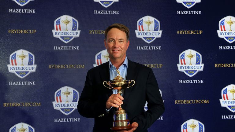 PALM BEACH GARDENS, FL - FEBRUARY 24:  Davis Love III holds the Ryder Cup Trophy as he poses for the media during his announcement as the 2016 United State