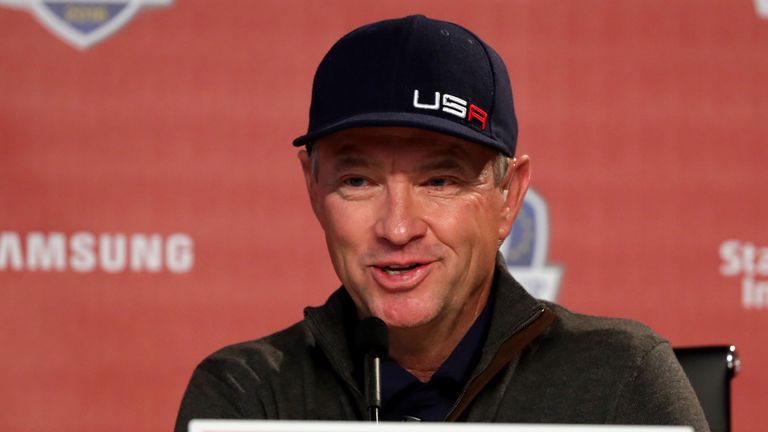 CHASKA, MN - SEPTEMBER 28:  Captain Davis Love III of the United States speaks in a press conference prior to the 2016 Ryder Cup at Hazeltine National Golf