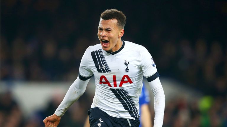 Dele Alli celebrates after scoring for Tottenham in the game against Everton