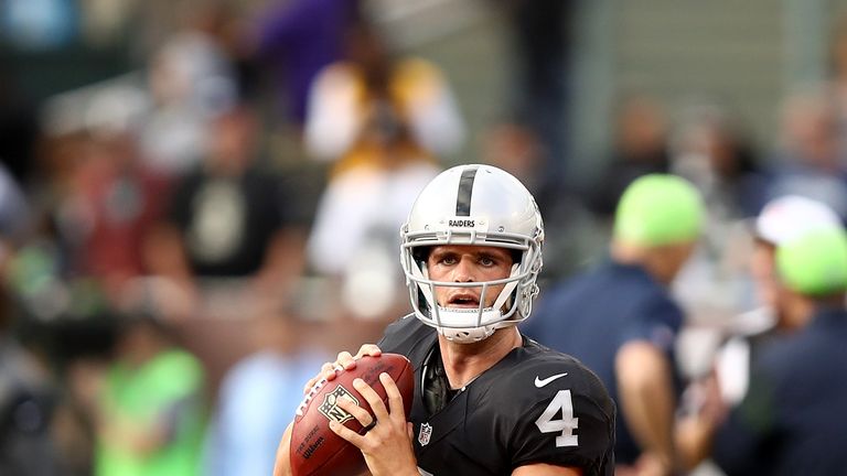 OAKLAND, CA - SEPTEMBER 01:  Derek Carr #4 of the Oakland Raiders warms up before their preseason game against the Seattle Seahawks at the Oakland Alameda 