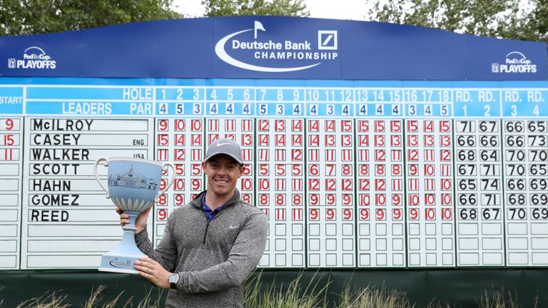 Rory McIlroy with the Deutsche Bank Championship trophy at TPC Boston