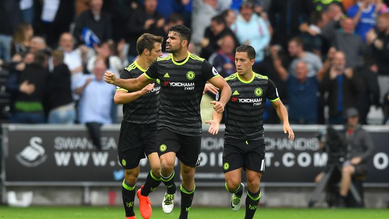 SWANSEA, WALES - SEPTEMBER 11:  Chelsea forward Diego Costa (c) ncelebrates his second goal during the Premier League match between Swansea City and Chelse