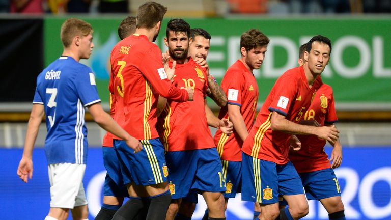 Spain forward Diego Costa celebrates 