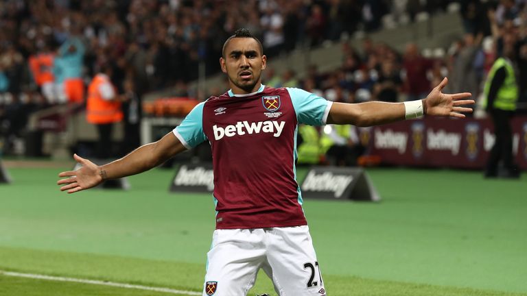 Dimitri Payet of West Ham United celebrates after scoring a stoppage time winner against Accrington