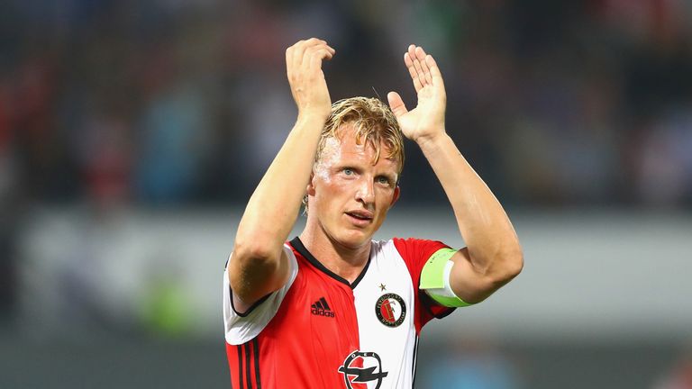 Dirk Kuyt of Feyenoord applauds the home fans 