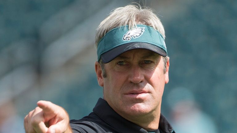 PHILADELPHIA, PA - SEPTEMBER 11: Head coach Doug Pederson of the Philadelphia Eagles points prior to the game against the Cleveland Browns at Lincoln Finan