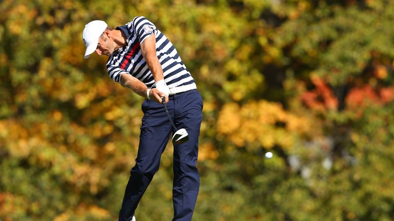 MEDINAH, IL - SEPTEMBER 30:  Dustin Johnson?of the United States hits his tee shot on the fifth hole during the Singles Matches for The 39th Ryder Cup at M