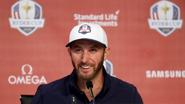 Dustin Johnson of the United States speaks in a press conference prior to the 2016 Ryder Cup at Hazeltine National Golf Club