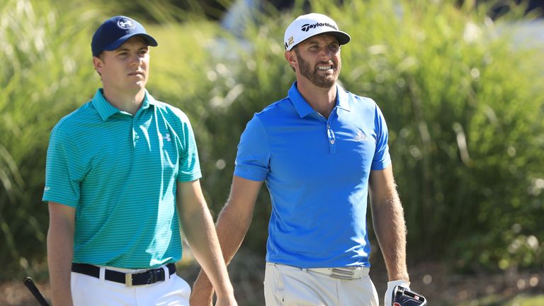 AKRON, OH - JUNE 30:  Dustin Johnson and Jordan Spieth walk off the 16th tee during the first round of the World Golf Championships - Bridgestone Invitatio