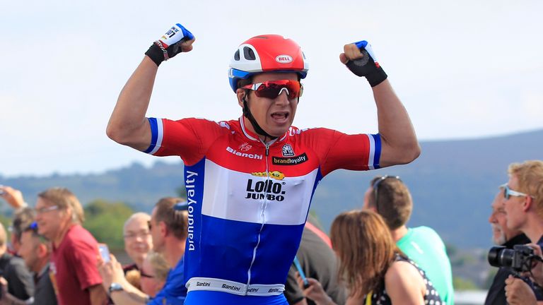 Dylan Groenewegen of Team LottoNL Jumbo celebrates winning stage four of the 2016 Tour of Britain.