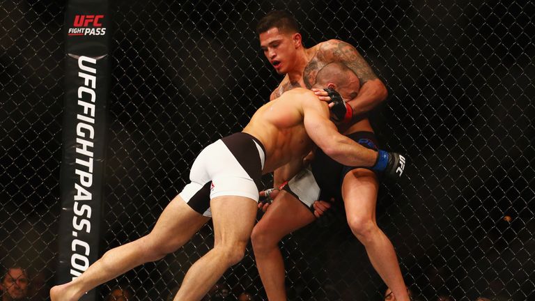 BOSTON, MA - JANUARY 17:  Eddie Alvarez (L) grapples with Anthony Pettis in their lightweight bout during UFC Fight Night 81 at TD Banknorth Garden on Janu