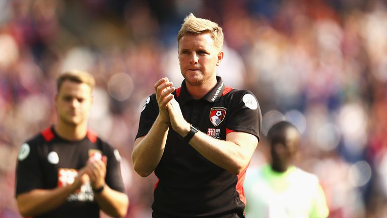 Eddie Howe, Manager of Bournemouth claps the fans after the final whistle against Crystal Palace