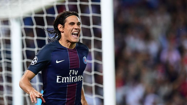 Paris Saint-Germain's Uruguayan forward Edinson Cavani celebrates after scoring against Arsenal
