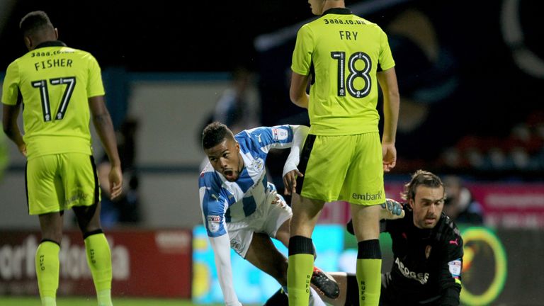 Huddersfield Town's Elias Kachunga opens the scoring 