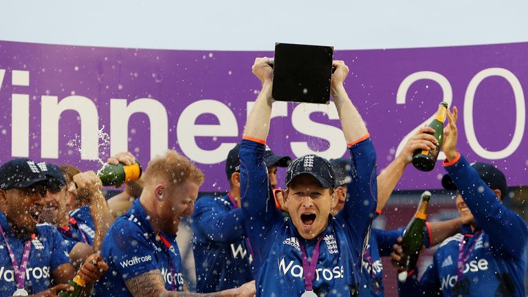 Captain Eoin Morgan lifts the Royal London one day series trophy as England celebrate their 4-1 success over Pakistan in Cardiff