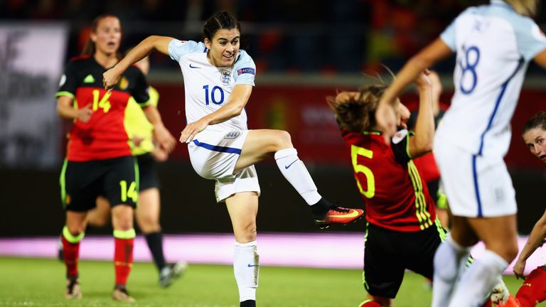 LEUVEN, BELGIUM - SEPTEMBER 20:  Karen Carney of England shoots and scores the second goal during the UEFA Women's Euro 2017 Qualifier between Belgium and 