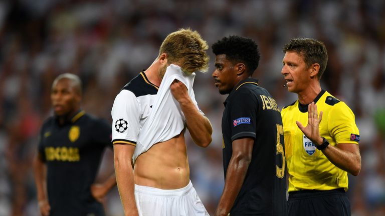 Eric Dier of Tottenham Hotspur shows his frustration against Monaco