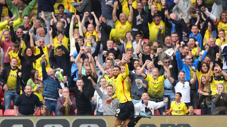 Etienne Capoue of Watford celebrates after scoring against Manchester United