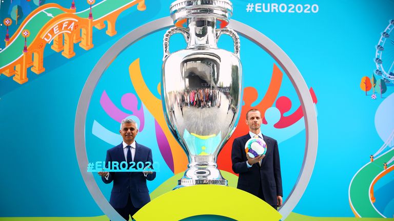 (L-R) Mayor of London Sadiq Khan and UEFA president Aleksander Ceferin pose during the UEFA EURO 2020 launch event