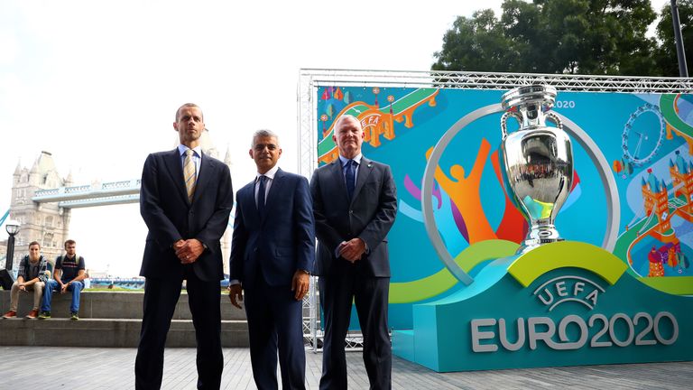 (l-r) UEFA president Aleksander Ceferin, Mayor of London Sadiq Khan and FA chairman Greg Clarke at the Euro 2020 launch 