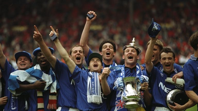 20 May 1995:   The Everton team celebrate their victory after the FA Cup Final against Manchester United at Wembley Stadium in London. Everton won the matc