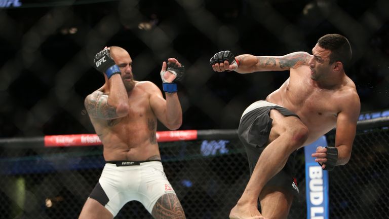 CLEVELAND, OH - SEPTEMBER 10: Fabricio Werdum kicks Travis Browne during the UFC 203 event at Quicken Loans Arena on September 10, 2016 in Cleveland, Ohio.