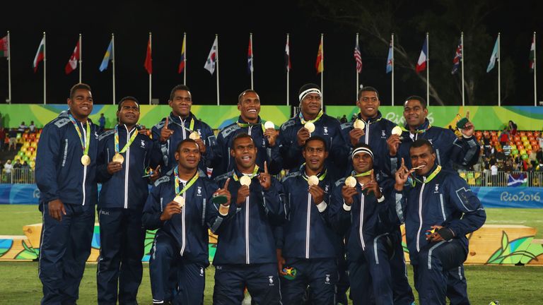 Olympic champions Fiji celebrate in Rio