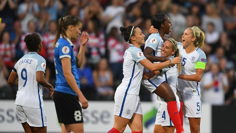 England celebrate their opening goal on Thursday evening