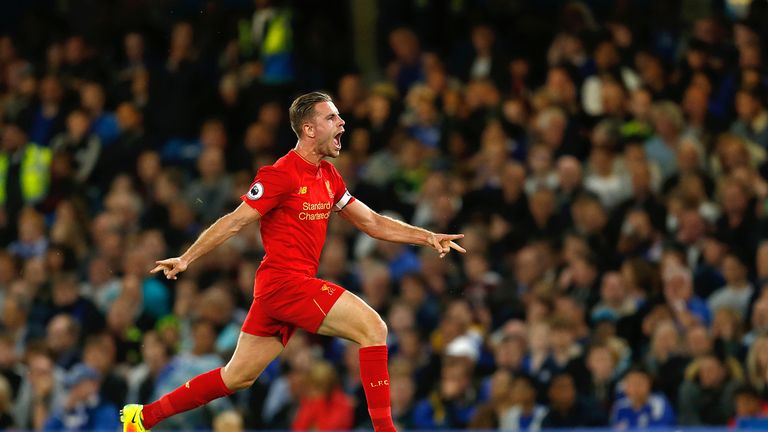 Liverpool's Jordan Henderson celebrates scoring his side's second goal