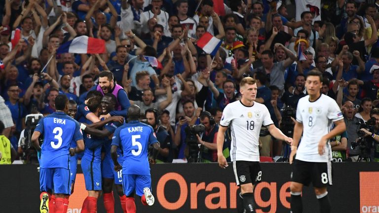 France's players celebrate after scoring their second goal   during the Euro 2016 semi-final football match between Germany and France at the Stade Velodro