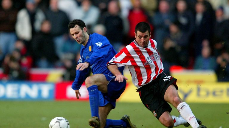 SOUTHAMPTON - FEBRUARY 1:   Ryan Giggs of Manchester United is challenged by Francis Benali of Southampton during the FA Barclaycard Premiership match betw
