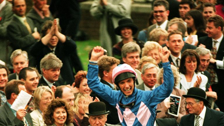 Frankie Dettori celebrates after winning the Gordon Carter Stakes on Fujiyama Crest to achieve a record of winning all seven winners at Ascot