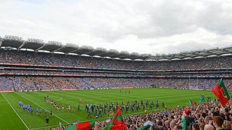  Both teams parade behind the Artane School of Music Band. GAA Football All-Ireland Senior Championship, Semi-Final, Dublin v Mayo, Croke Pa