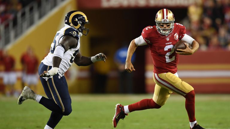 SANTA CLARA, CA - SEPTEMBER 12:  Blaine Gabbert #2 of the San Francisco 49ers runs with the ball against the Los Angeles Rams during their NFL game at Levi