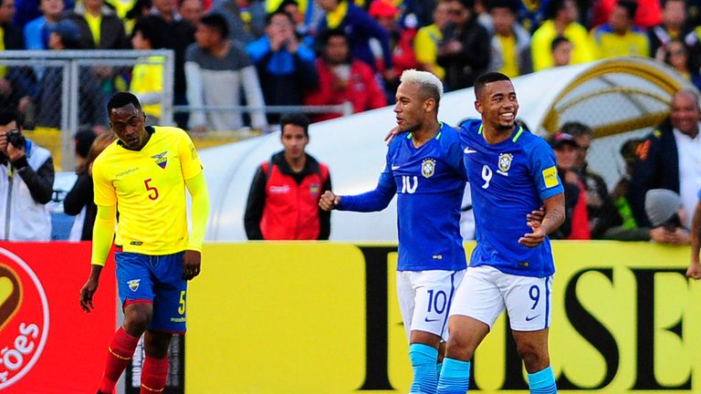 Brazil's Gabriel Jesus (R) celebrates with Neymar Jr (C) after scoring against Ecuador during their 2018 FIFA World Cup qualifying football match between E