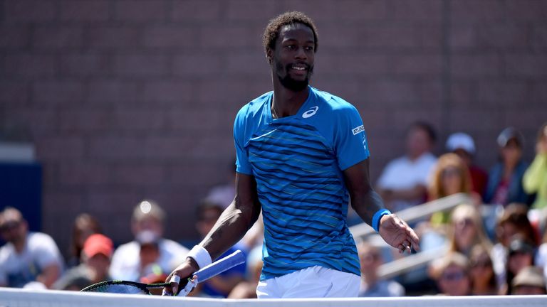 NEW YORK, NY - SEPTEMBER 04: Gael Monfils of France reacts against Marcos Baghdatis of Cyprus during his fourth round Men's Singles match on Day Seven of t