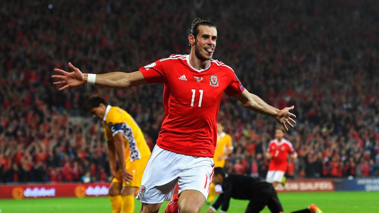 CARDIFF, WALES - SEPTEMBER 05:  Gareth Bale of Wales celebrates scoring his sides third goal during the 2018 FIFA World Cup 