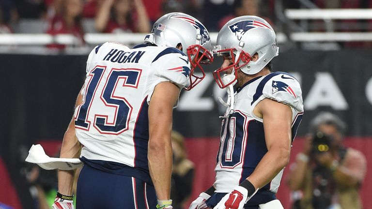 GLENDALE, AZ - SEPTEMBER 11:  Wide receiver Chris Hogan #15 of the New England Patriots celebrates with quarterback Jimmy Garoppolo #10 after scoring a 37-