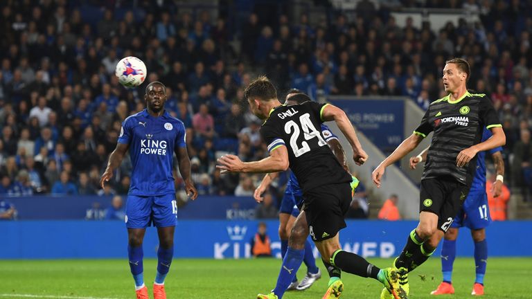 LEICESTER, ENGLAND - SEPTEMBER 20: Gary Cahill of Chelsea scores his team's opening goal during the EFL Cup Third Round match between Leicester City and Ch