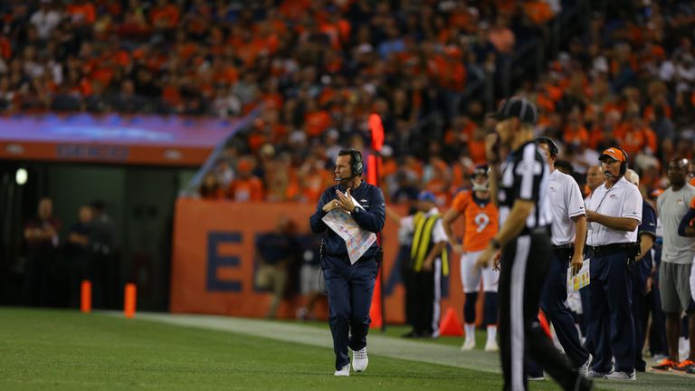 DENVER, CO - AUGUST 27: Head coach Gary Kubiak of the Denver Broncos calls a timeout during the second quarter against the Los Angeles Rams at Sports Autho