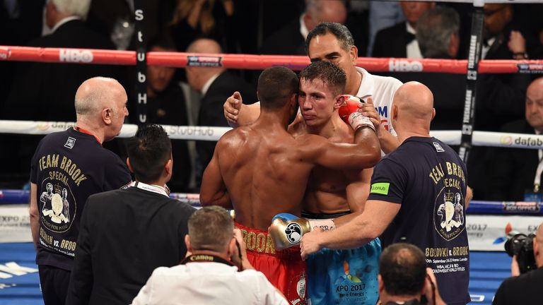 LONDON, ENGLAND - SEPTEMBER 10:  Kell Brook of Great Britain and Gennady Golovkin of Kazakhstan embrace after their bout for the WBC, IBF & IBO Middleweigh