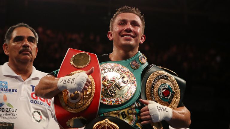 Gennady Golovkin celebrates victory over Kell Brook during the WBC, IBF and IBO World Middleweight title bout at The O2 Arena, London.