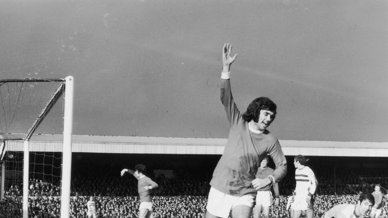 February 1970:  Manchester United player George Best celebrating after scoring the first goal in the fifth round of the FA Cup against Northampton.
