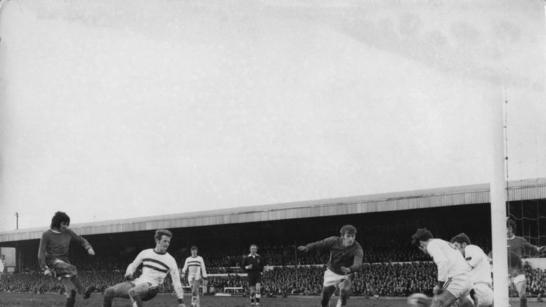 George Best about to score his third goal (of six) for Manchester United during their Fifth Round FA Cup match against Northampton Town in 1970