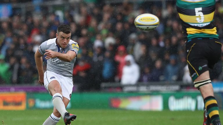 George Ford of Bath kicks his third drop goal of the match during the Aviva Premiership match between Northampton and Bath