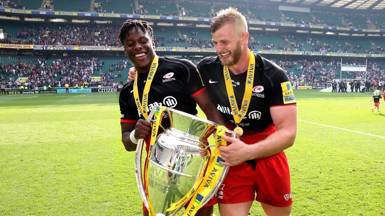 George Kruis (R) of Saracens celebrates with team mate Maro Itoje after their victory during the Aviva Premiership final in May 2016